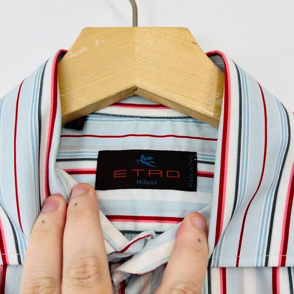 Etro Shirt M UK Blue Red Striped Cotton Tailored Long Sleeve Logo Classic - Picture 8 of 12